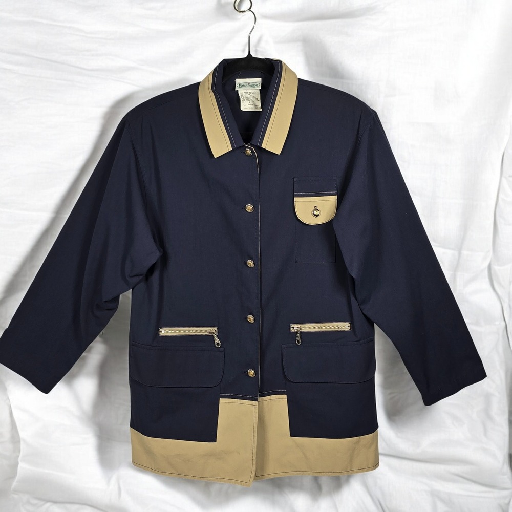 VTG Patchington Jacket Travelwear‎ Woman 8 Navy Tan Gold Button Zipper Pockets
